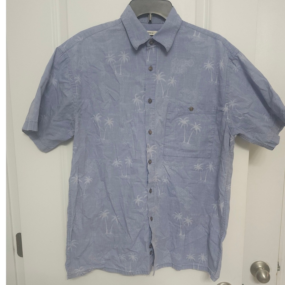 Campia Moda Mens Medium Blue Tropical Palm Tree Cotton Short Sleeve Button Shirt